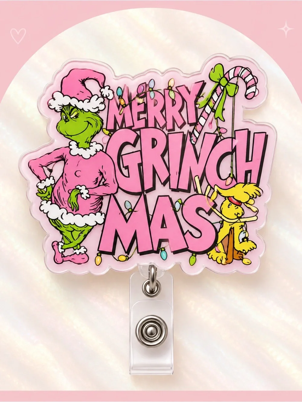 Merry Grinchmas Pink Badge Reel - Holiday Nurse ID Holder